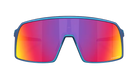 Blue wrap-around shield sunglasses with a vibrant red-to-yellow mirrored lens, shown against a plain white background.
