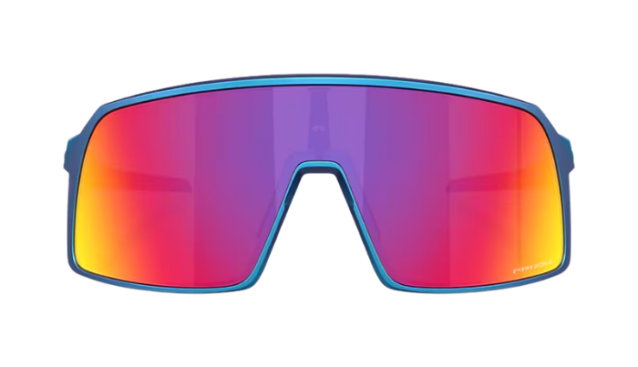Blue wrap-around shield sunglasses with a vibrant red-to-yellow mirrored lens, shown against a plain white background.