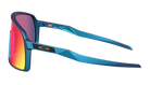 Oakley wraparound sunglasses with a metallic blue frame and vibrant red-to-yellow mirrored lenses, shown on a plain white background.