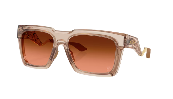 Sunglasses with a beige frame and brown gradient lenses on a white background