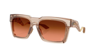 Sunglasses with a beige frame and brown gradient lenses on a white background