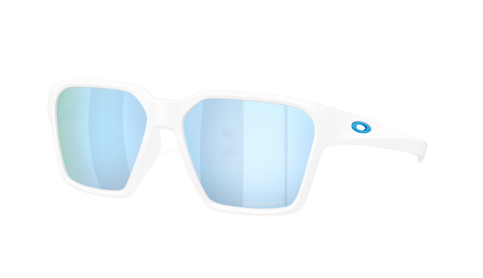 White Oakley Briza Sunglasses with blue mirrored lenses on a white background