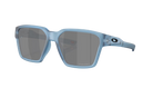 Sunglasses with light blue frame and dark lenses on a white background