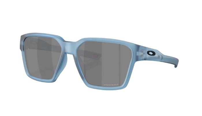 Sunglasses with light blue frame and dark lenses on a white background
