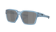 Sunglasses with light blue frame and dark lenses on a white background