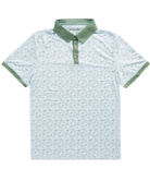 Burlebo white duck and waterfowl patterned polo shirt with green accents on a white background
