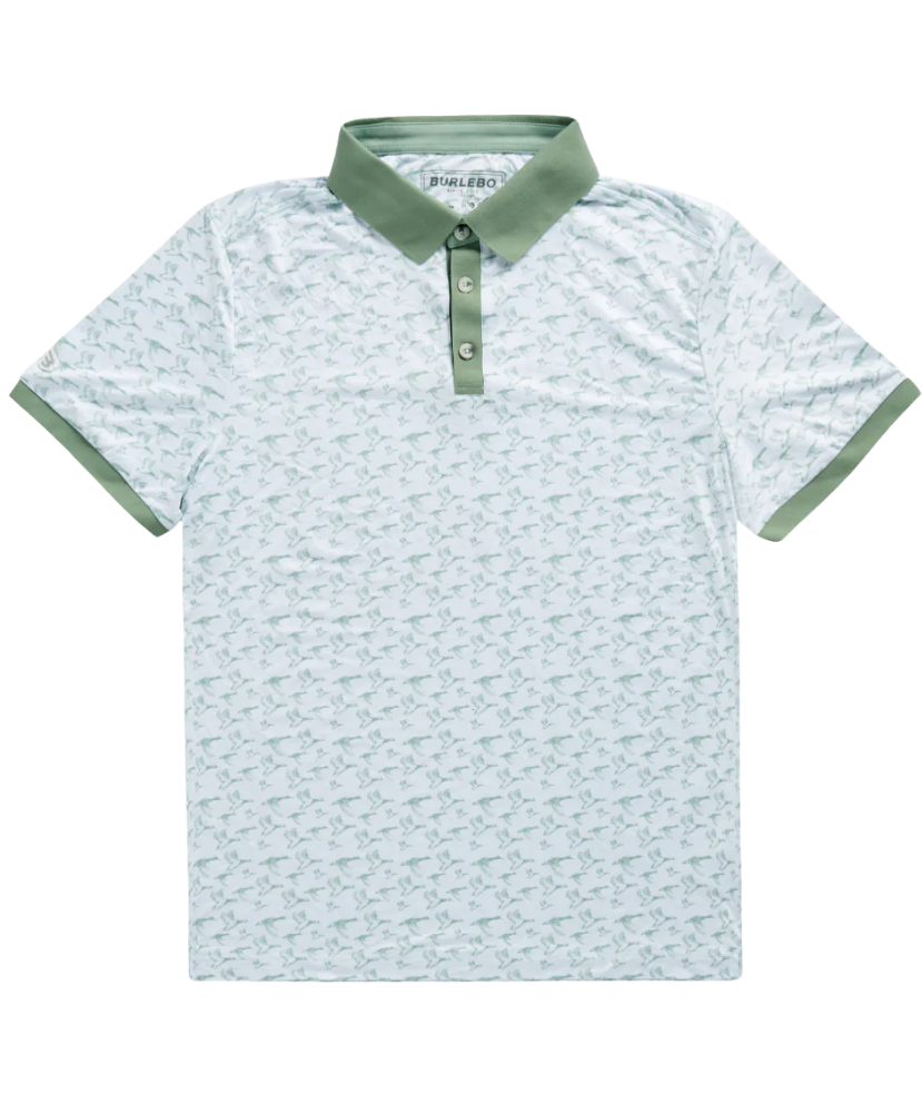 Burlebo white duck and waterfowl patterned polo shirt with green accents on a white background
