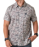 Person wearing a camouflage-patterned button-down shirt with a visible brand logo on a white background