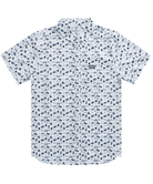 A Burlebo white short-sleeve button down shirt with a blue coastal pattern on a white background