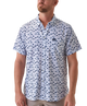 Man wearing a white short-sleeve button down shirt with a blue coastal pattern on a white background