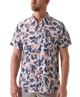 Man wearing a vintage camo patterned short-sleeve button down shirt on a white background