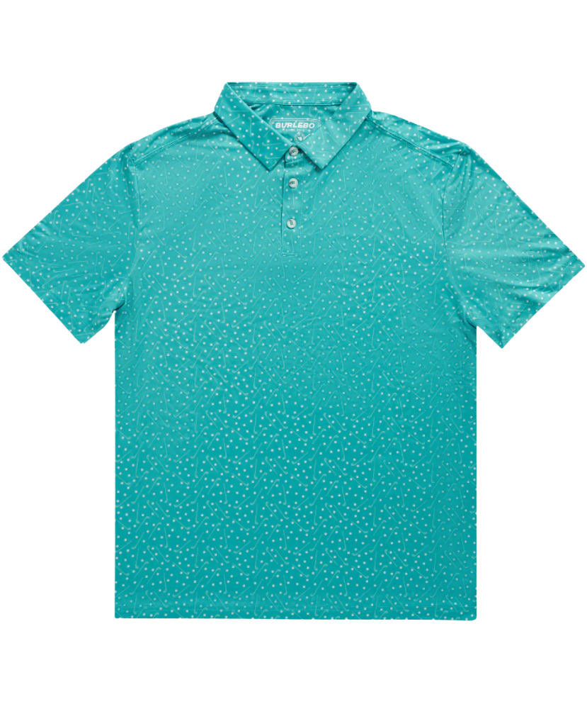 Burlebo teal golf club and golf ball  dot polo shirt on a white background