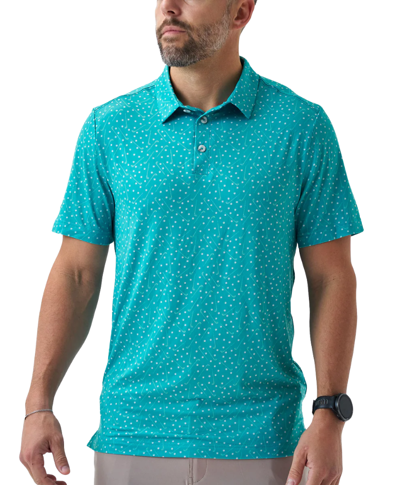 Man wearing a teal golf club and golf ball  dot polo shirt on a white background