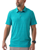 Man wearing a teal golf club and golf ball  dot polo shirt on a white background