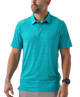 Man wearing a teal golf club and golf ball  dot polo shirt on a white background