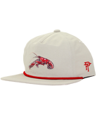 White cap with red accents and a crawfish design on a white background