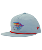 Light blue cap with colorful fish lure design and red band on a white background