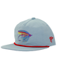 Light blue cap with colorful fish lure design and red band on a white background
