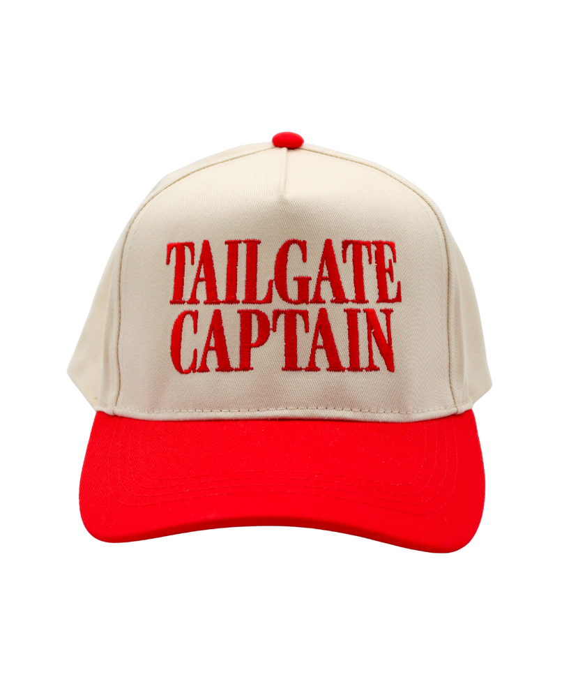 Beige and red cap with 'TAILGATE CAPTAIN' text on a white background
