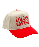 Beige and red cap with 'TAILGATE CAPTAIN' text on a white background