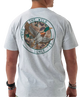 Gray Burlebo t-shirt with a mallard duck graphic and text on the back, worn by a person.