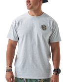 Gray Burlebo t-shirt with a mallard duck graphic and text on the back, worn by a person.