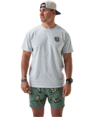 Gray Burlebo t-shirt with a mallard duck graphic and text on the back, worn by a person.