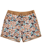 Burlebo camouflage-patterned swim shorts with brown waistband on a white background