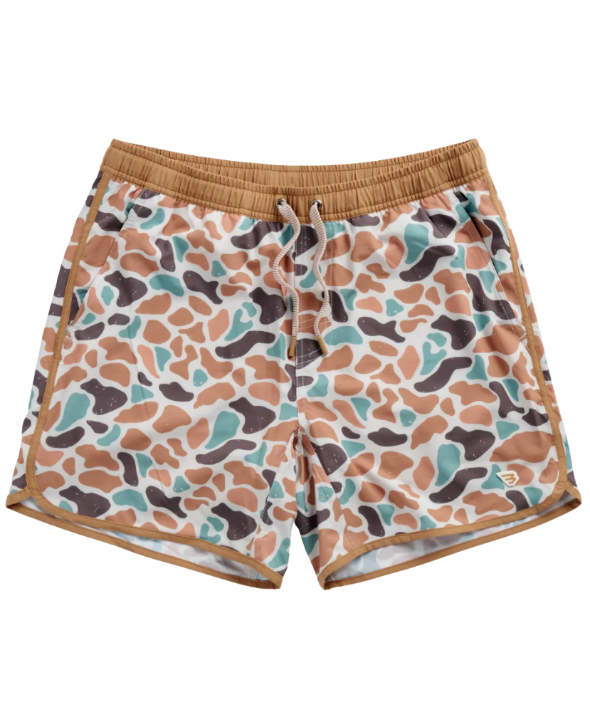 Burlebo camouflage-patterned swim shorts with brown waistband on a white background