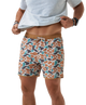 Person wearing CAMO patterned swim shorts on a white background