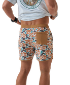 Person wearing CAMO patterned swim shorts on a white background