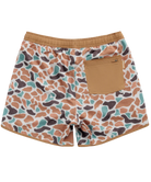 Burlebo camouflage-patterned swim shorts with a brown pocket on a white background