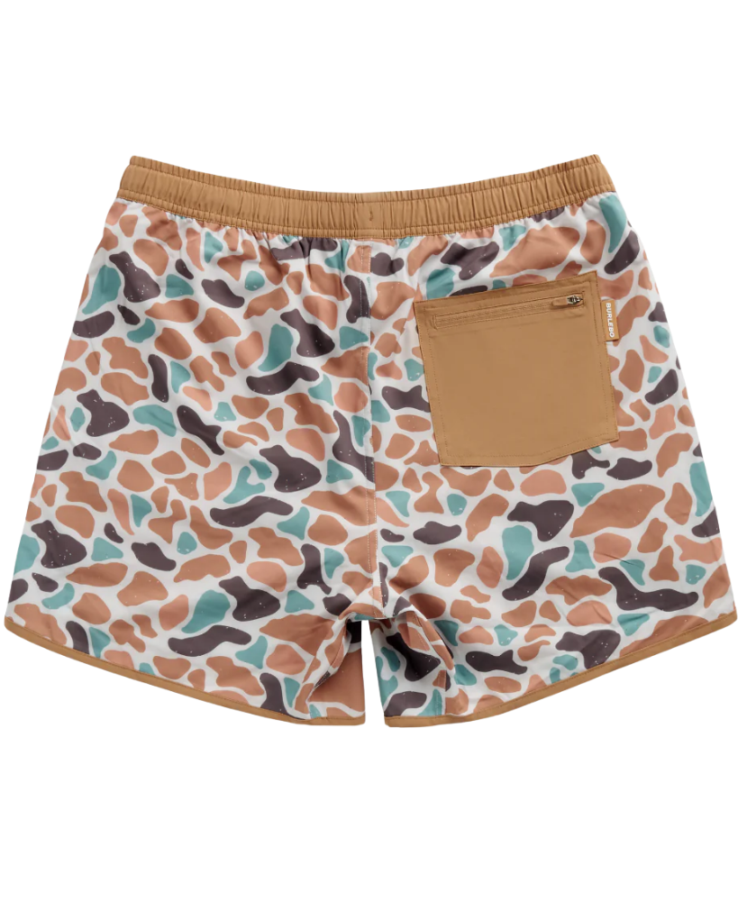 Burlebo camouflage-patterned swim shorts with a brown pocket on a white background