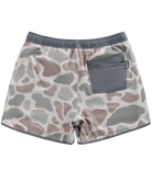 Camouflage-patterned swim shorts with a gray pocket on a white background