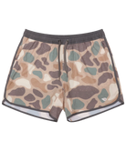 Camouflage-patterned swim shorts on a white background