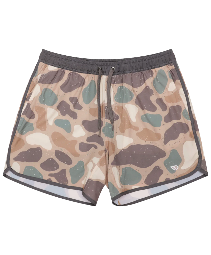 Camouflage-patterned swim shorts on a white background