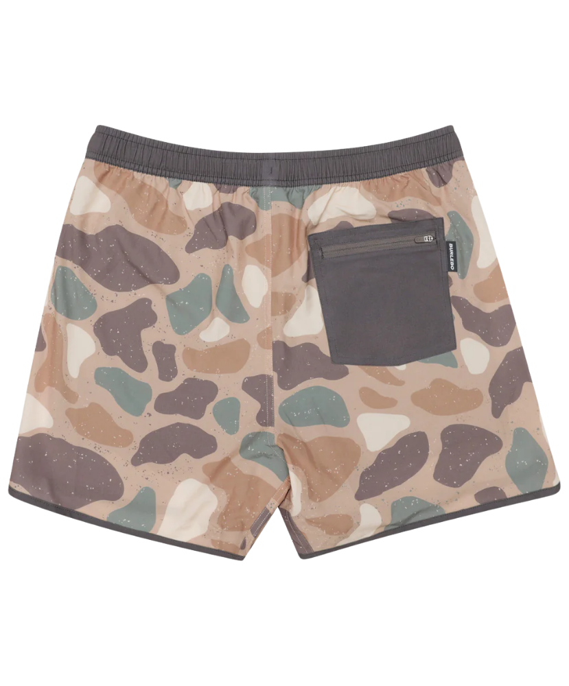 Burlebo camouflage swim shorts with a black pocket on a white background