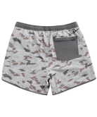 Person wearing camouflage swim shorts on a white background