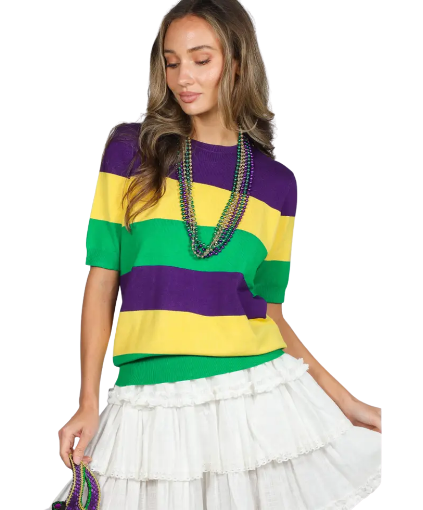 Mardi Gras Short Sleeve Color Block Sweater
