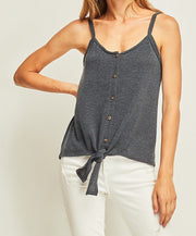 Solid Knit Button Up Tank w/ Self Tie Detail