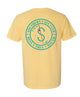 A pale yellow short-sleeve t-shirt shown from the back, featuring a large teal circular graphic with a compass and the words 'SOUTHERN CAST CLUB' and 'KELLY • TRUE • SOUTH'.