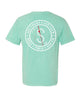A mint green short-sleeve t-shirt shown from the back, featuring a large white circular graphic with a compass and red line details, and the text 'SOUTHERN CAST CLUB'.