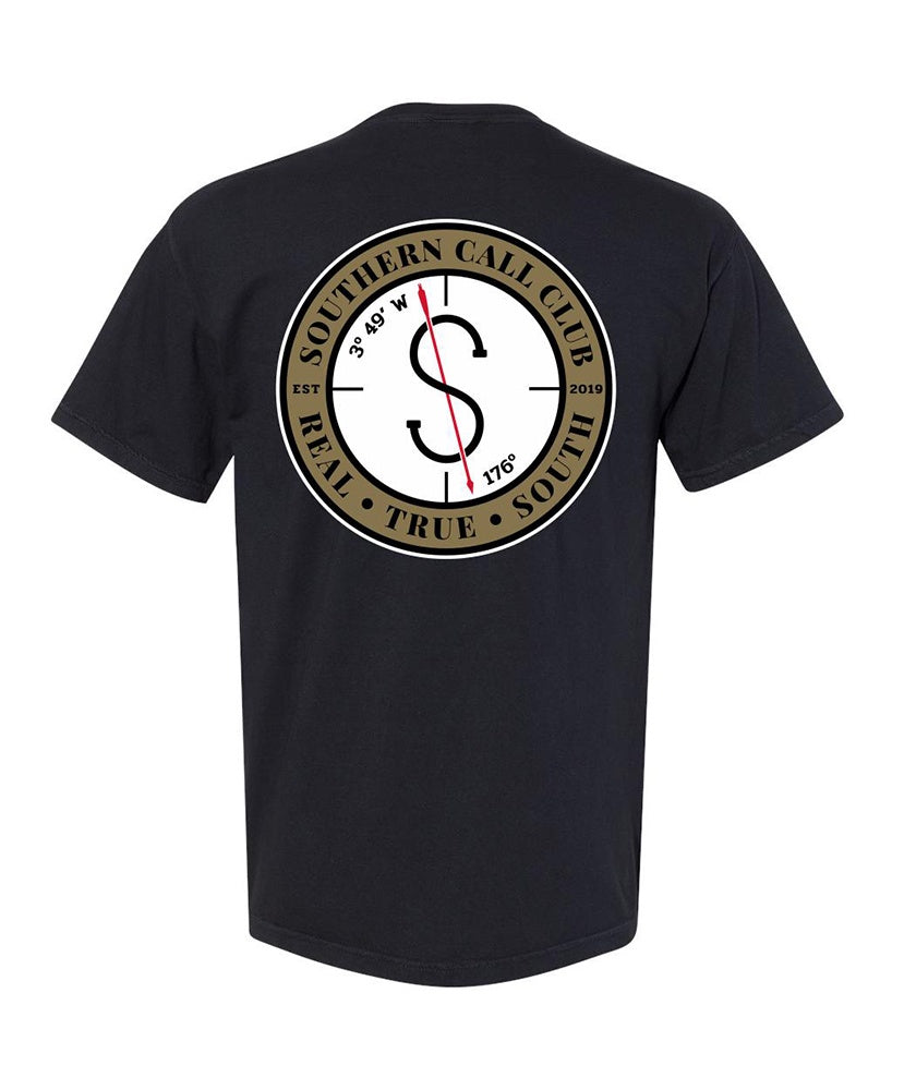 Black t-shirt with a Southern Call Club logo on the back against a white background