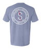 A heathered periwinkle blue short-sleeve t-shirt shown from the back, featuring a large white circular graphic with a red compass design and the text 'SOUTHERN CAST CLUB'.