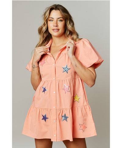 Starry Sequin Patch Shirt Dress