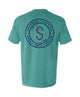 Teal t-shirt with a logo on the back against a white background