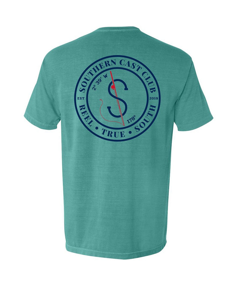 Teal t-shirt with a logo on the back against a white background