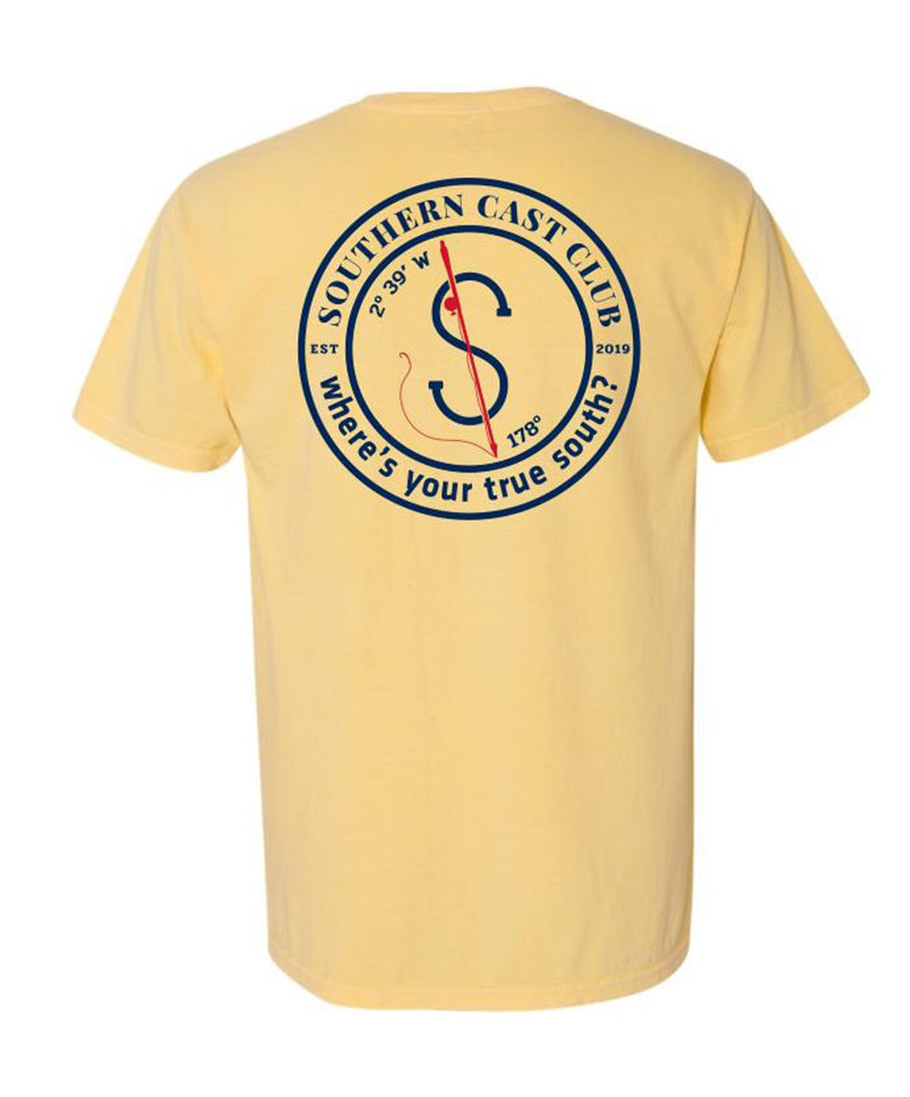 Yellow t-shirt with a logo and text on the back on a white background