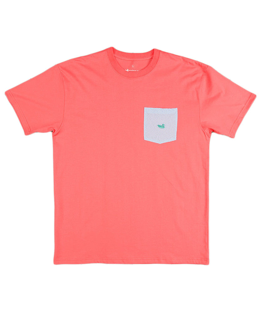 Southern Marsh - Stewart Pocket Tee - Coral/Blue Seersucker Front