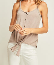 Solid Knit Button Up Tank w/ Self Tie Detail